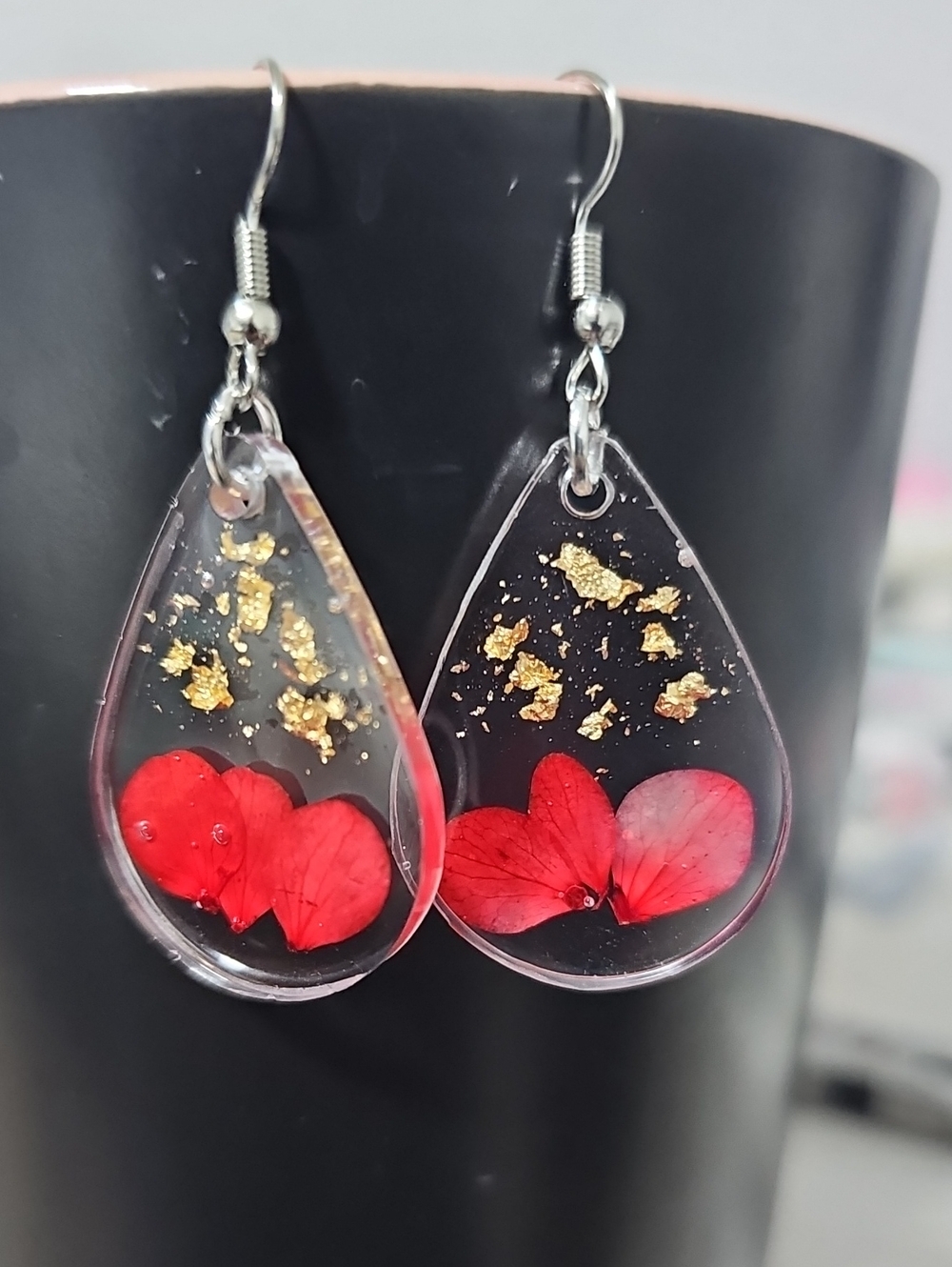 Red Petal Teardrop Resin Earrings with Gold Flakes